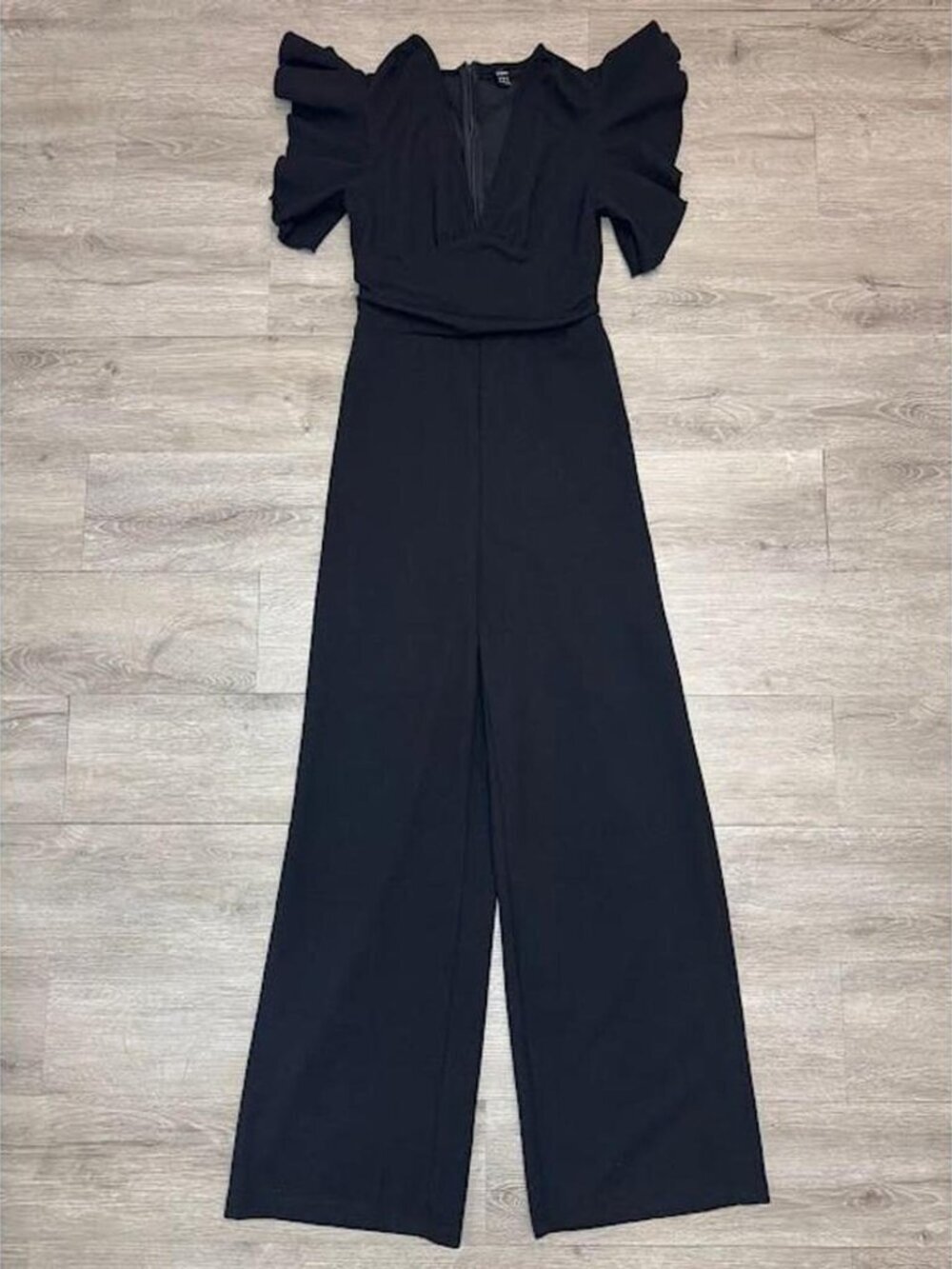 Black Ruffle Sleeve Wide Leg Jumpsuit Deep V Formal Romper Small